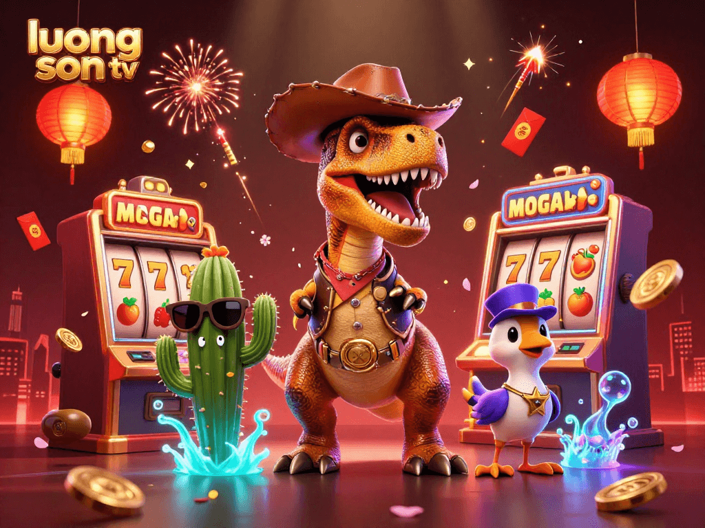Experience the excitement of luong son tv with captivating slot machines and cartoon characters in a vibrant casino scene.