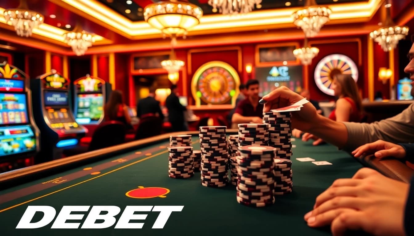 Players strategizing at a poker table in a luxurious casino environment themed around DEBET.
