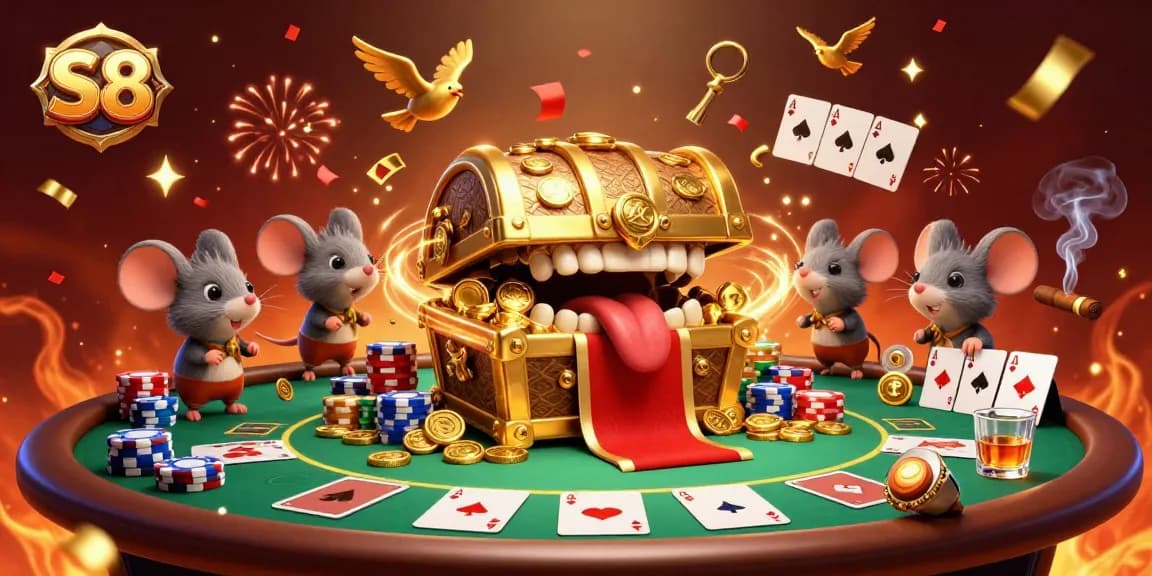 S8 lures adventurers into riches with a golden treasure chest amidst a lively poker table scene