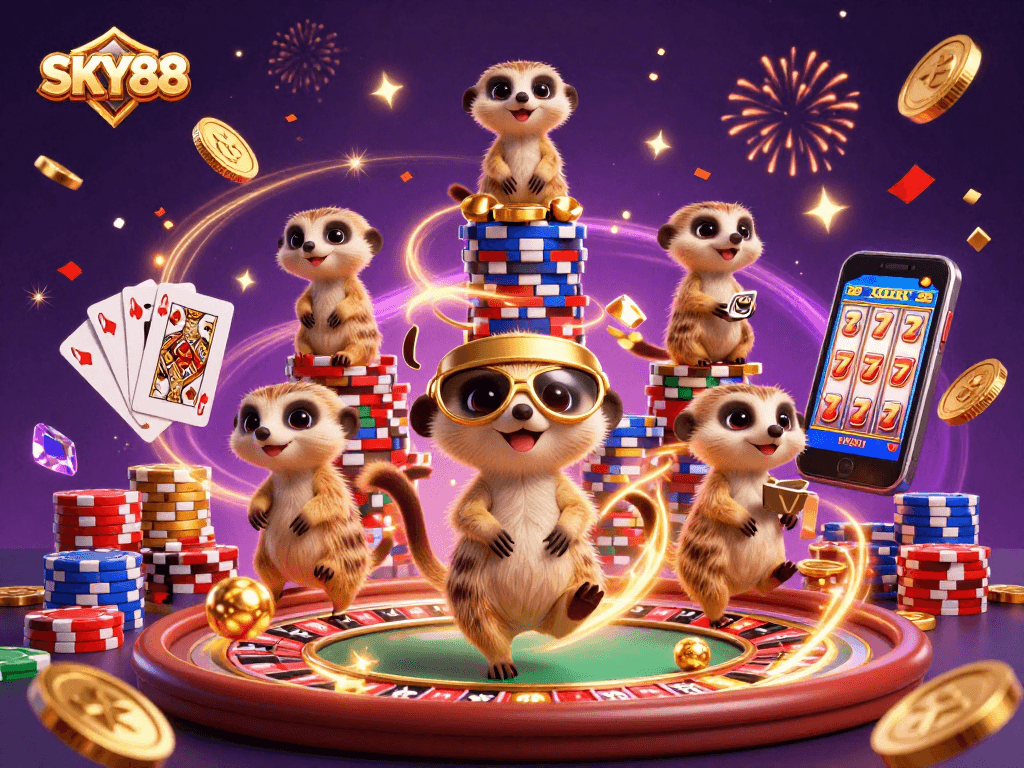 Experience thrilling gameplay with SKY88's vibrant casino scene featuring magic meerkats.