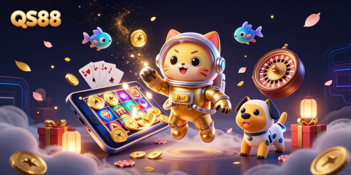 Experience thrilling gameplay at QS88 with a vibrant 3D cartoon space-themed casino scene showcasing exciting slot games.