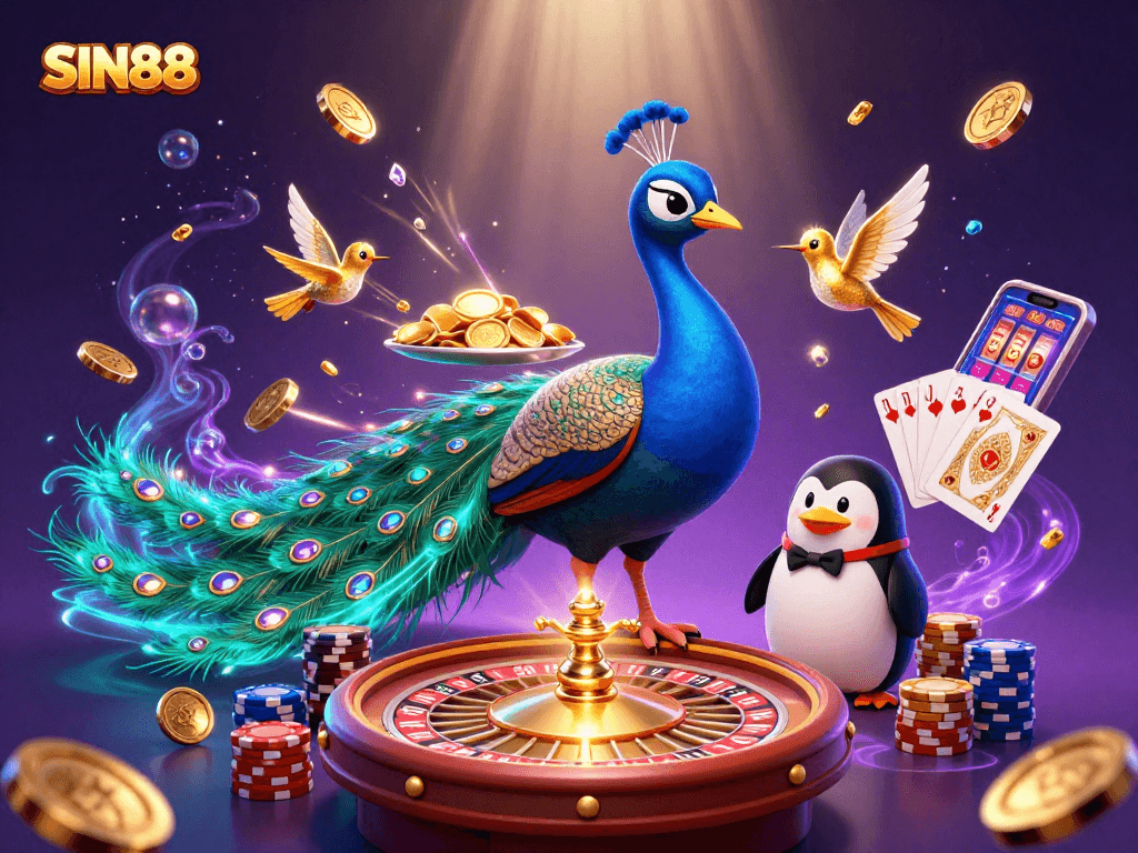 SIN88 showcases a vibrant casino scene with a peacock, chips, and festive elements blurring the lines of luck
