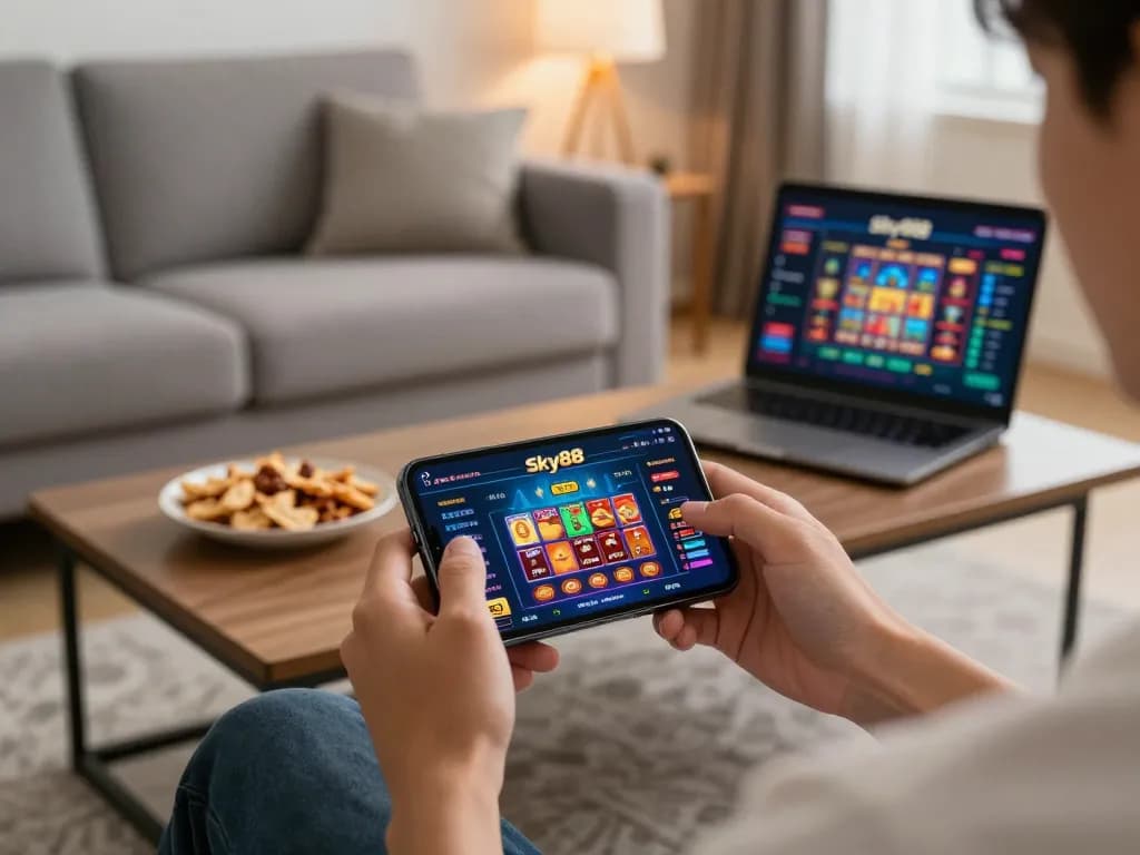 Engaging with App Sky88 on a smartphone in a cozy living room while enjoying snacks and relaxation.