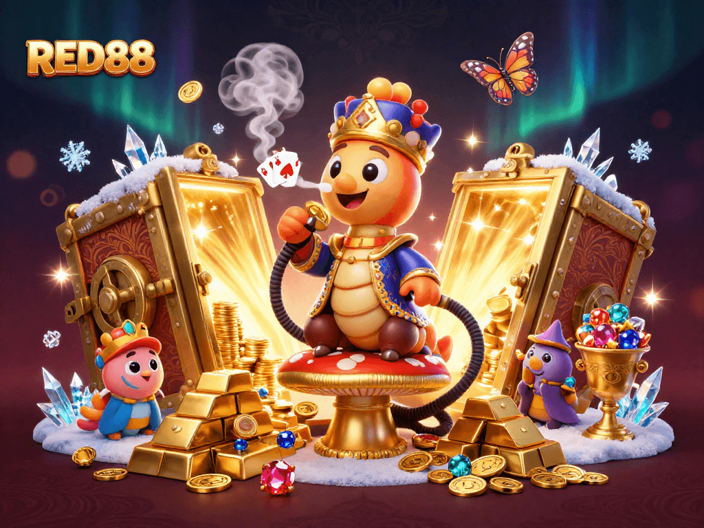 Experience immersive gaming at RED88 with exciting poker elements and vibrant illustrations.