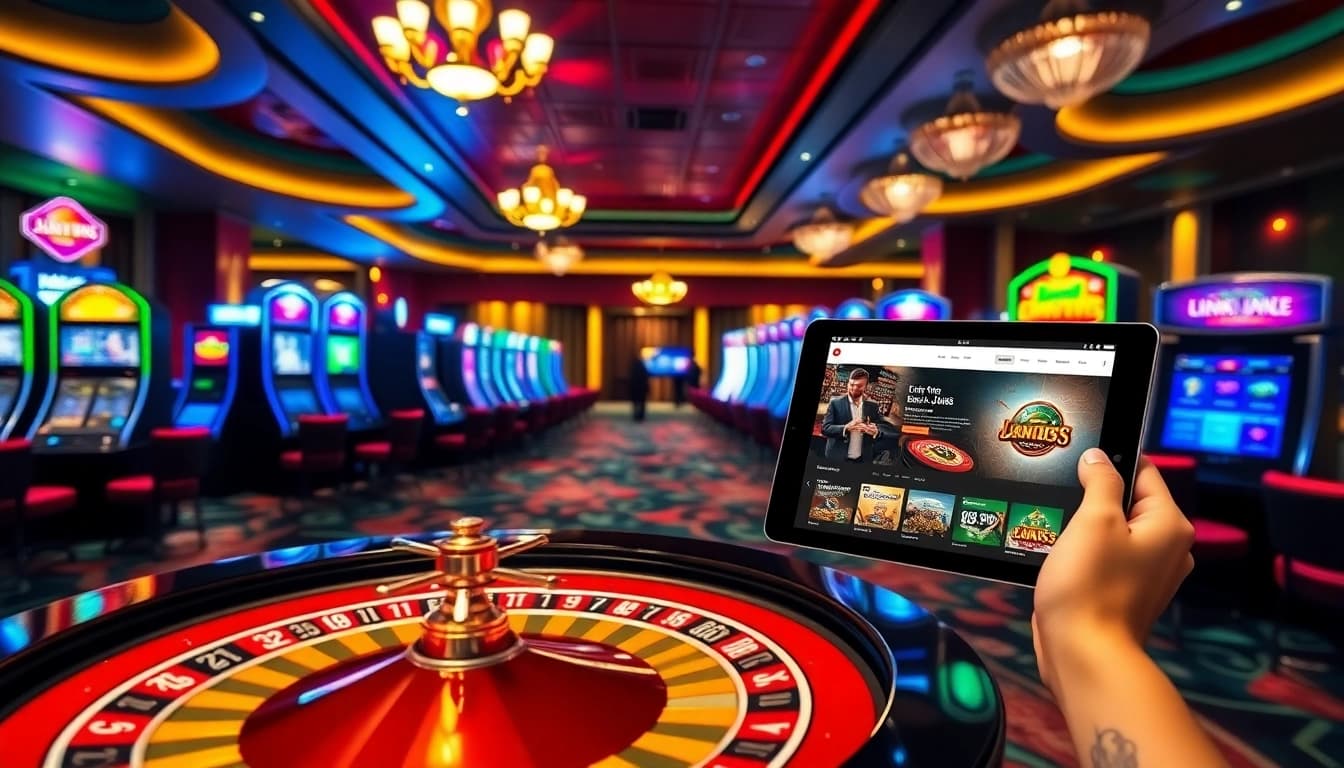Link Jun88 showcased on a vibrant casino table with poker chips and a roulette wheel in action.