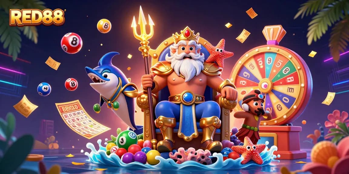 Experience the vibrant energy of RED88 with a dynamic illustration showcasing lottery elements and fun casino vibes.