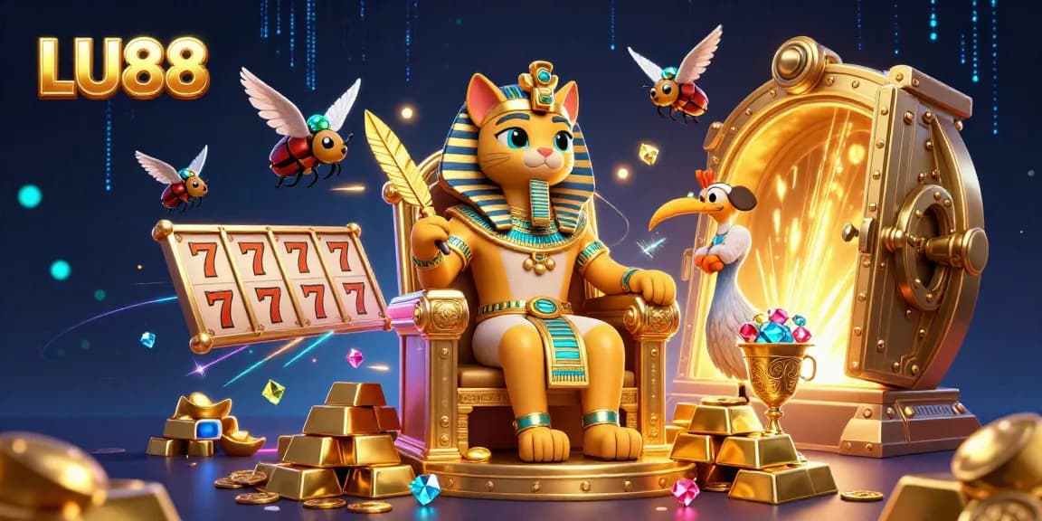 Engage with LU88's vibrant pharaoh cat scene surrounded by riches in this 3D casino illustration.