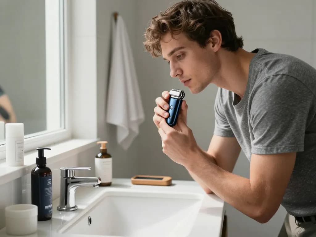 Laifen shaver in use by a young man in a modern bathroom, showcasing personal grooming.