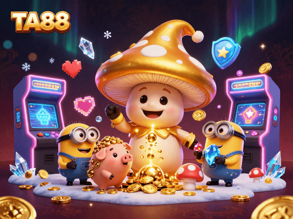 TA88 features a golden mushroom wizard and pig amidst colorful casino gaming elements.