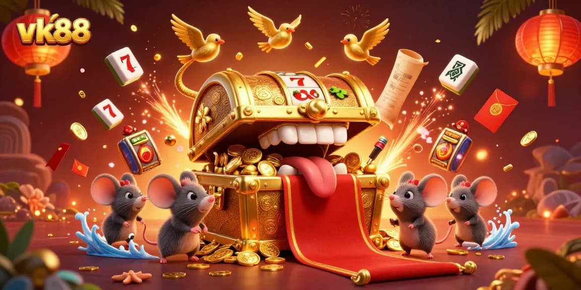 Attract gamers with vk88's rich casino rewards illustrated by a 3D treasure chest and dynamic slot elements.