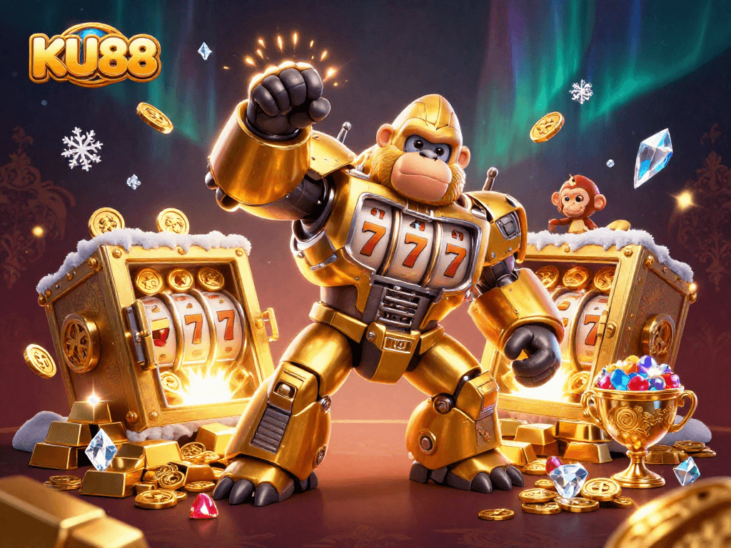 Engage with the KU88 golden gorilla mech amidst slot machine riches, vibrant casino atmosphere.