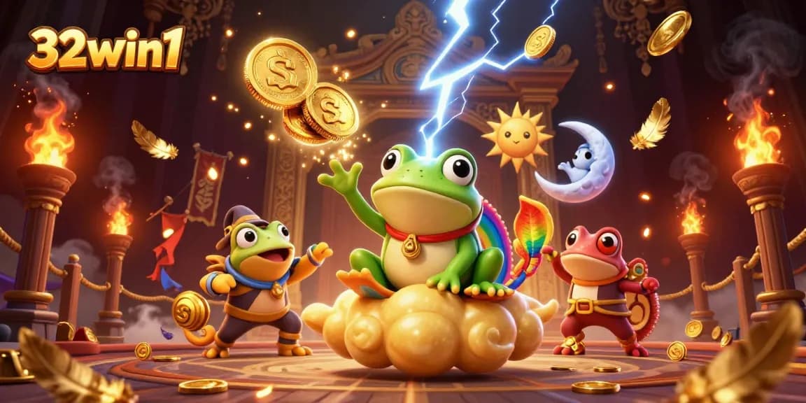 Win big with 32win1 in a vibrant casino scene featuring magical elements and golden coins.