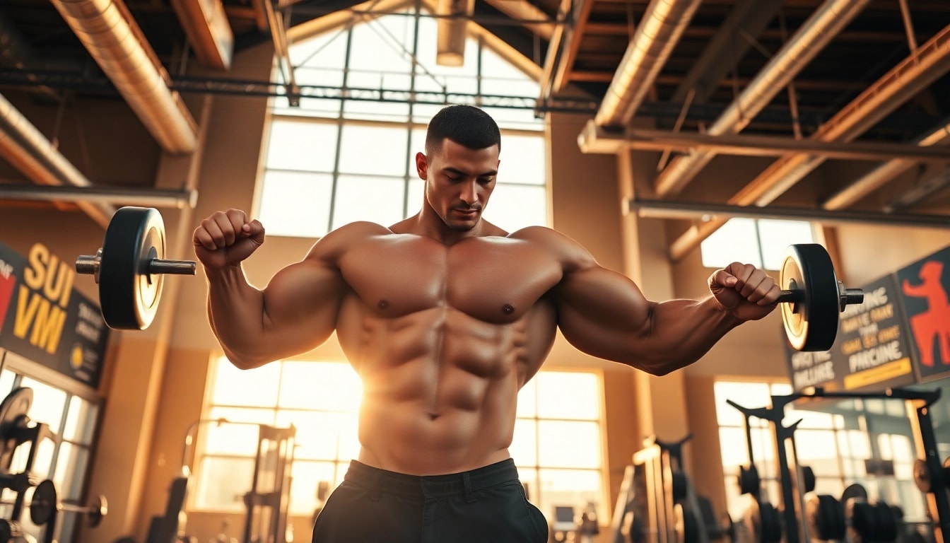 Bodybuilder using Canadian anabolics in a modern gym, showing strength and determination.
