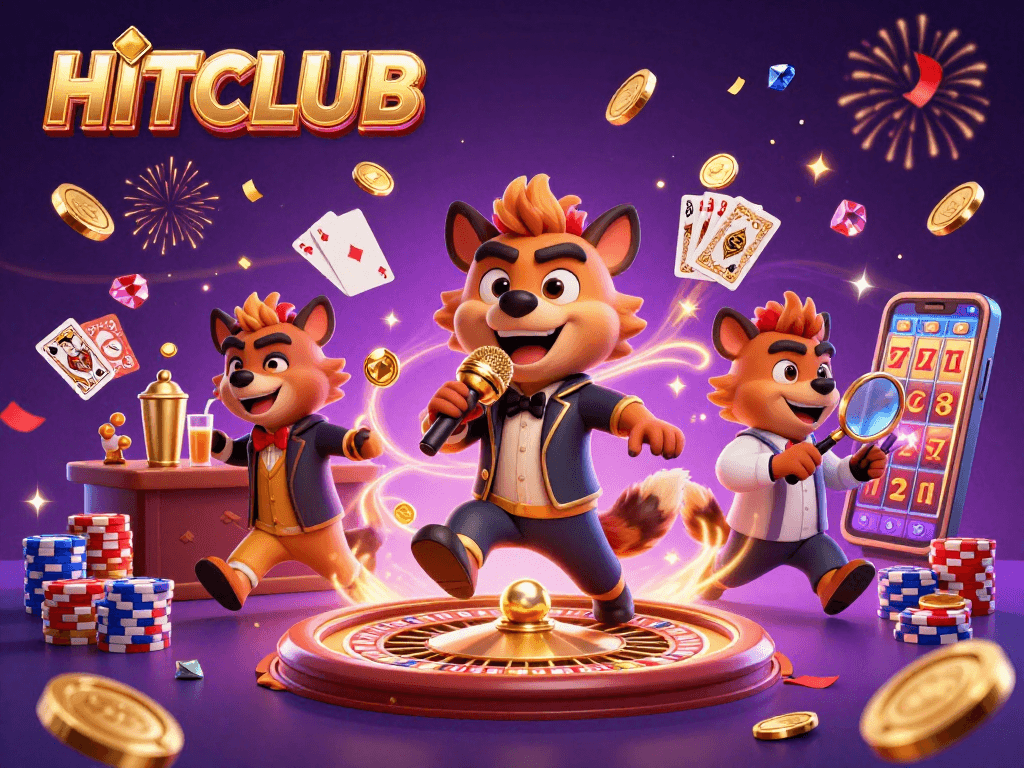 Experience the thrilling excitement at HITCLUB casino with humorous hyenas in an animated scene.