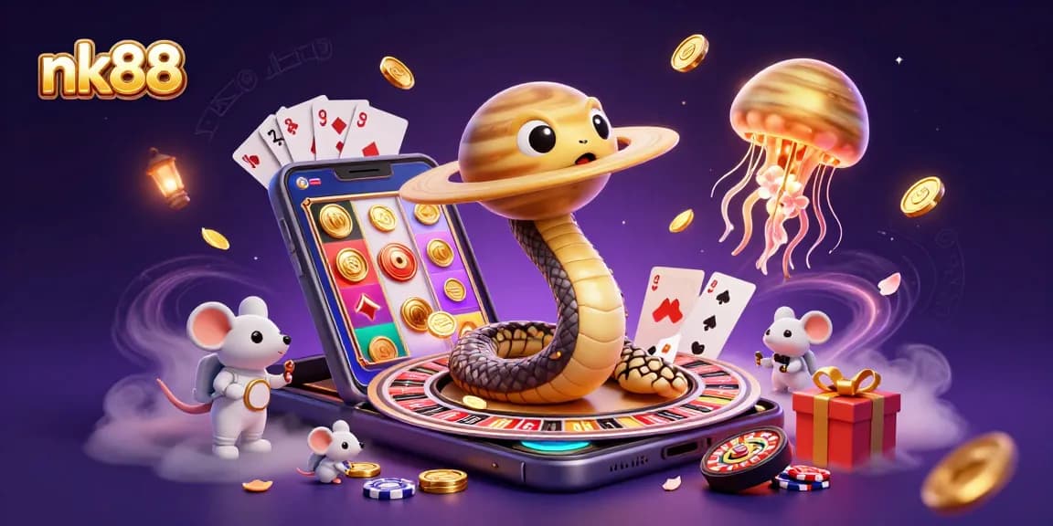 Spin the wheel at nk88 with a whimsical scene featuring a cosmic dealer and astronaut mice placing bets.