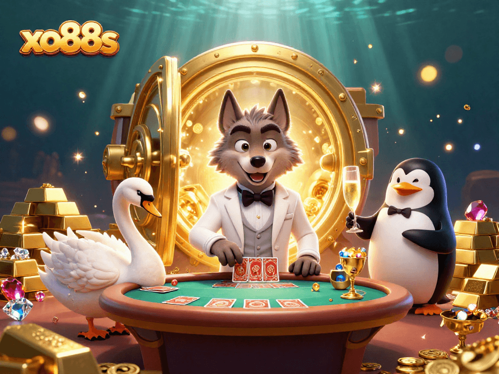 Experience excitement at xo88s with a debonair wolf and elegant swan in a lavish casino scene.