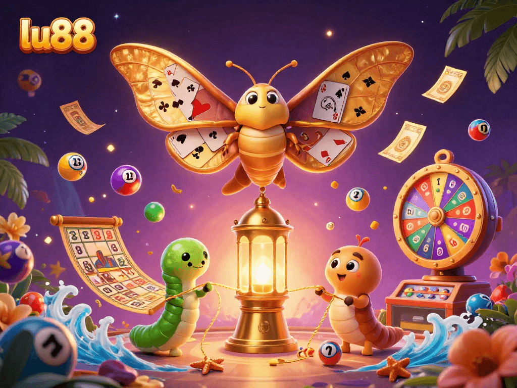 Experience thrilling gaming adventures with lu88's vibrant, dynamic casino illustration showcasing fun elements.