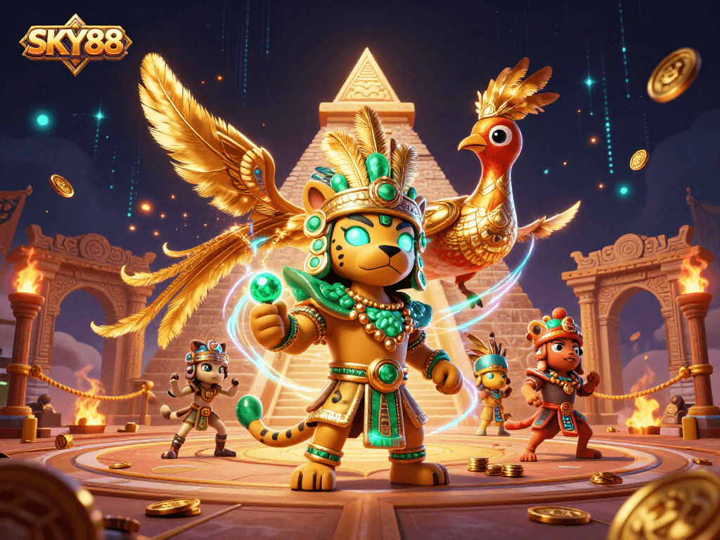SKY88 captivates gamers with a vibrant 3D scene showcasing a Mayan jaguar priest and quetzal bird.