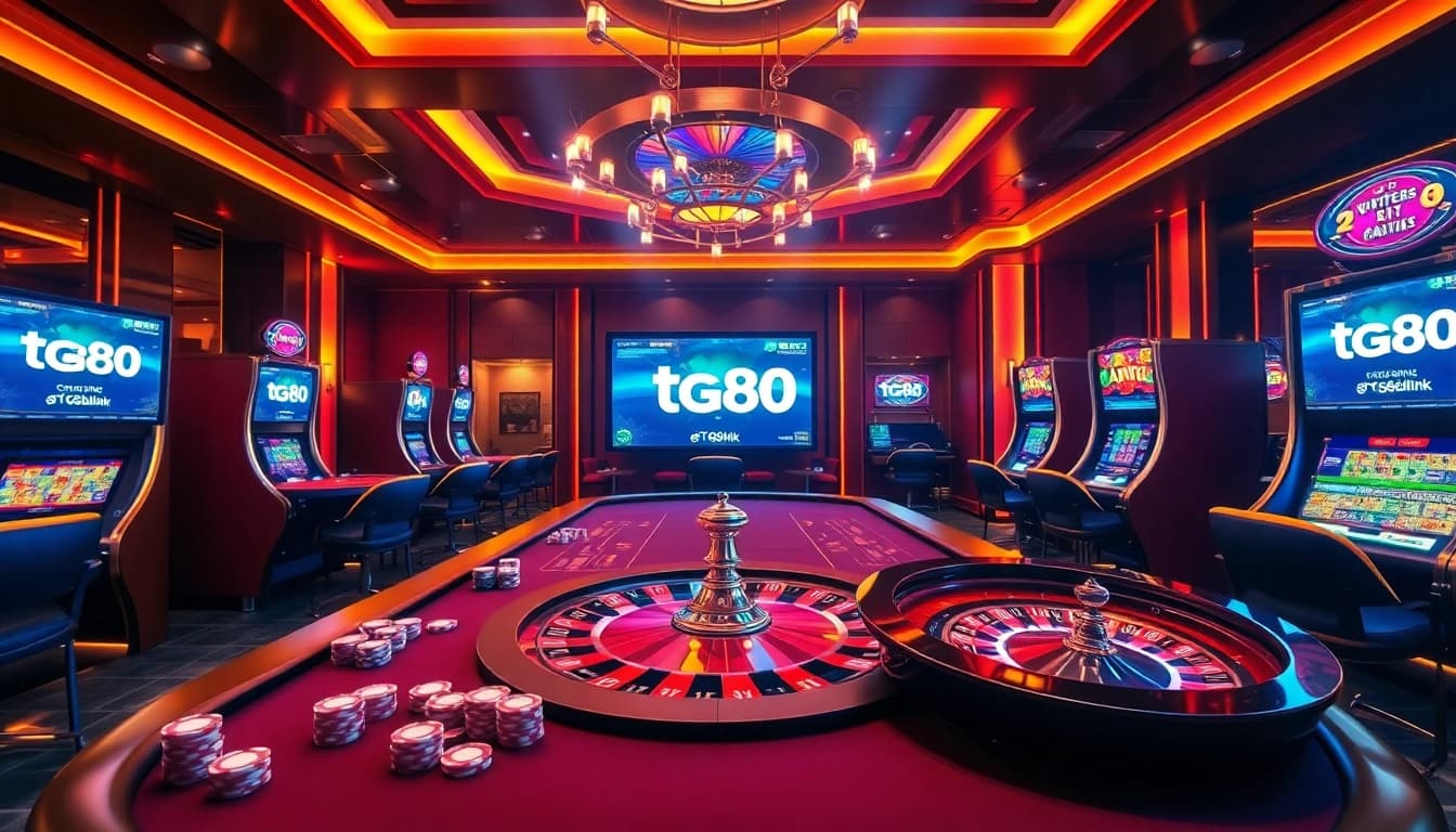 Engage with tg88link's premier casino experience through vibrant gaming visuals featuring poker chips, roulette, and slots.