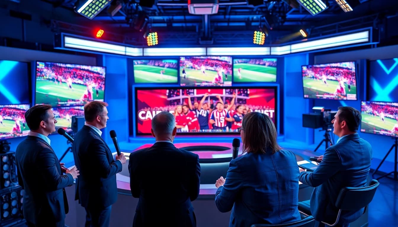 Hosts discussing in a vibrant sports broadcasting studio with screens showing live sports.