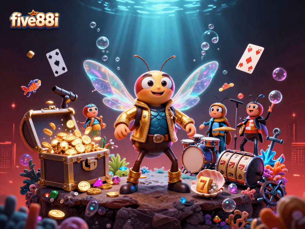 Play slot games with five88i featuring vibrant characters and treasure in a casino-themed scene.