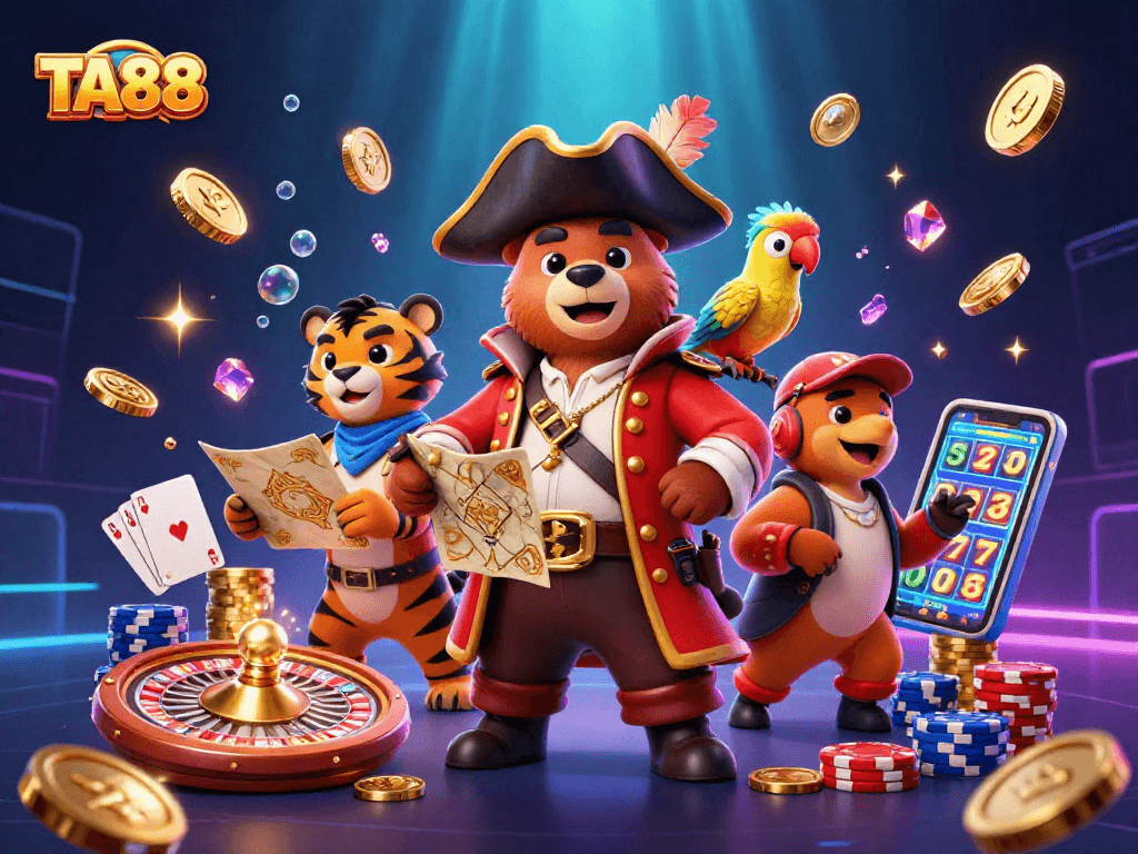 TA88 pirate bear spins a roulette wheel amidst flying coins and poker chips in this vibrant casino scene.