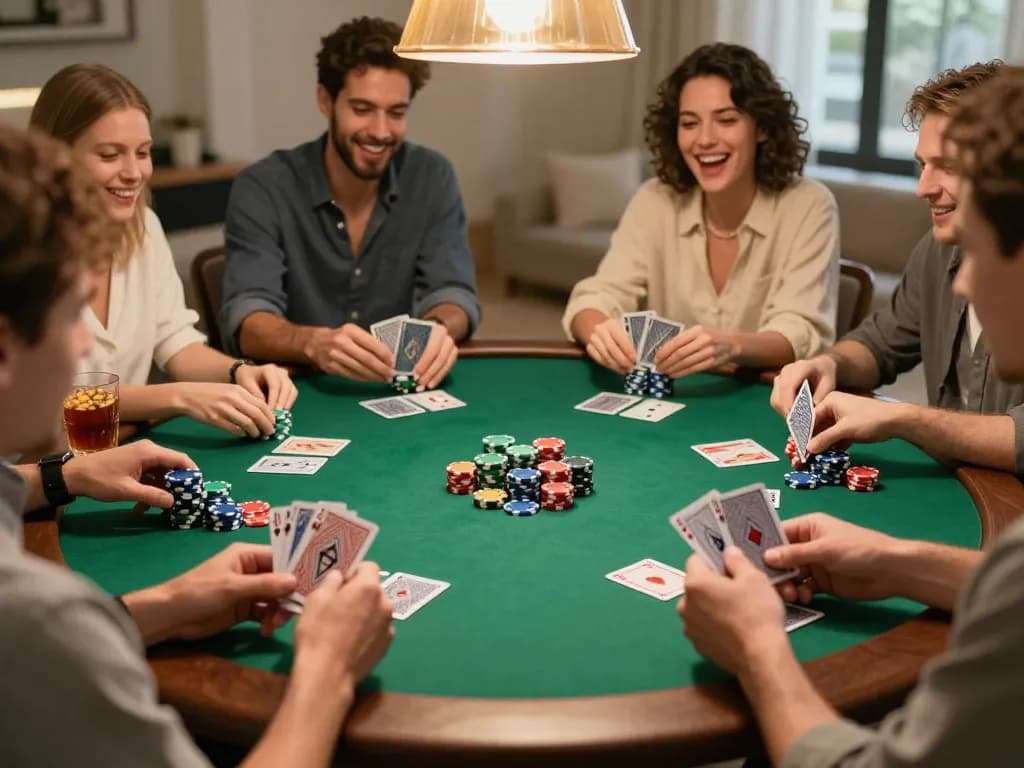 Friends enjoying a poker game at home, featuring strategic play and lively interaction at https://9bet9.in.net.
