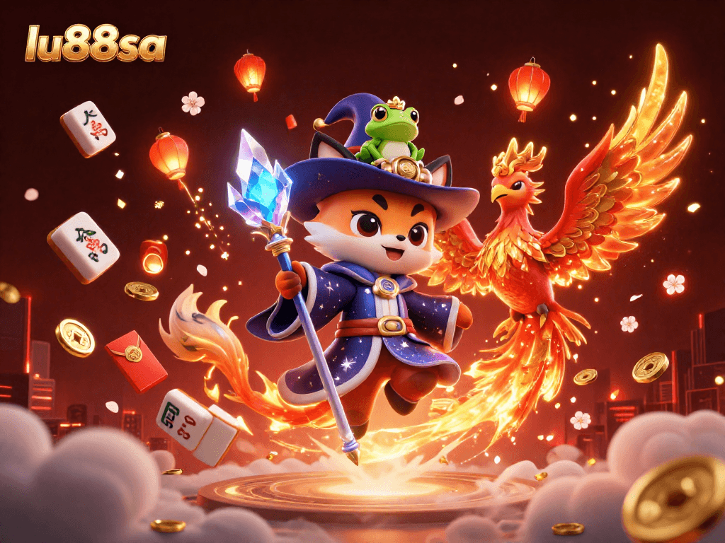 Experience the enchanting world of lu88sa featuring a wizard fox, phoenix, and vibrant casino elements.