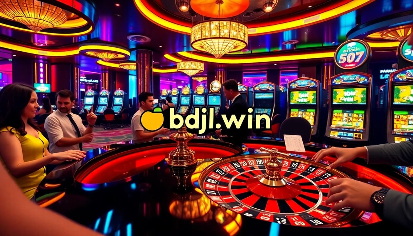 Exciting gaming atmosphere at bdjl.win featuring roulette, poker chips, and vibrant slot machines.