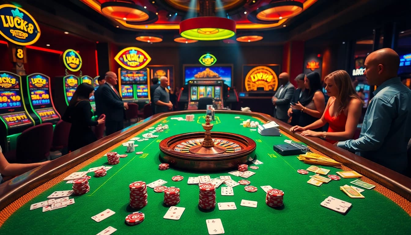 Engaged players at a Luck8-themed casino table, with vibrant poker chips and cards.