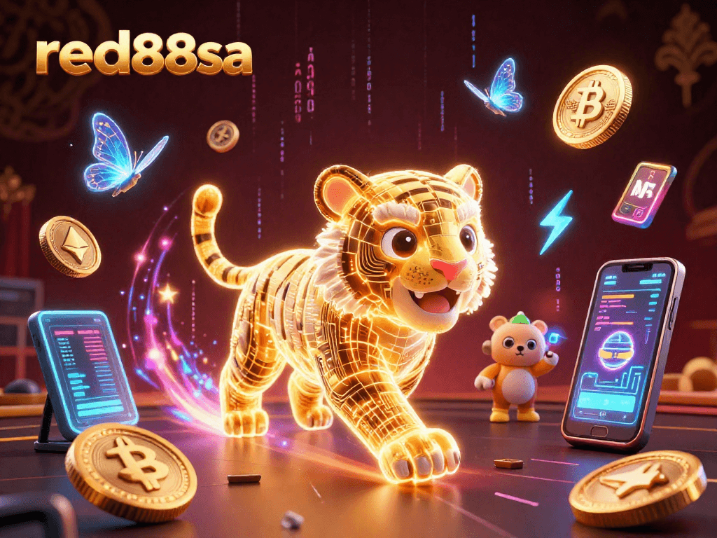 Engage in the thrilling world of red88sa with a neon-wireframe golden tiger in a dynamic digital casino.