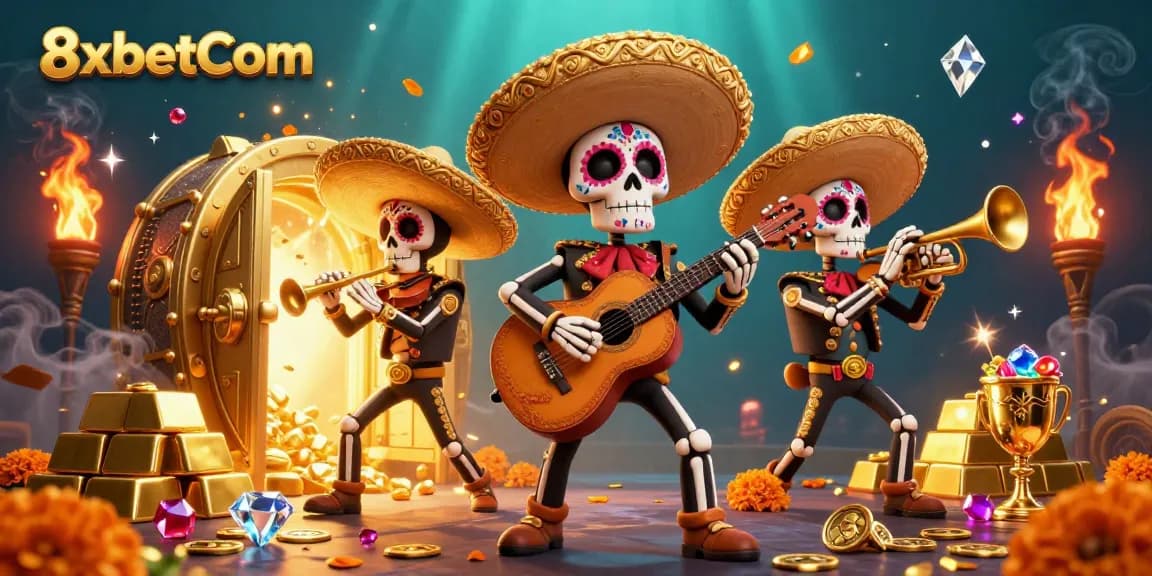 Experience the thrill of winning with 8xbetCom, as colorful mariachi characters celebrate over golden treasures.
