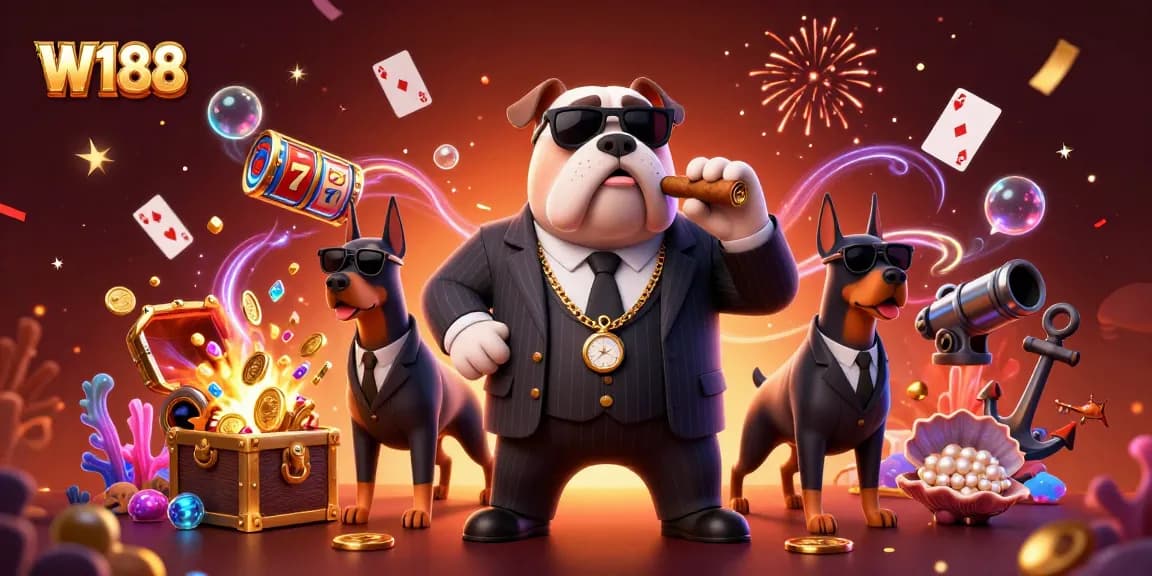 W188 casino adventure featuring a mafia bulldog and treasure galore in a vibrant scene.