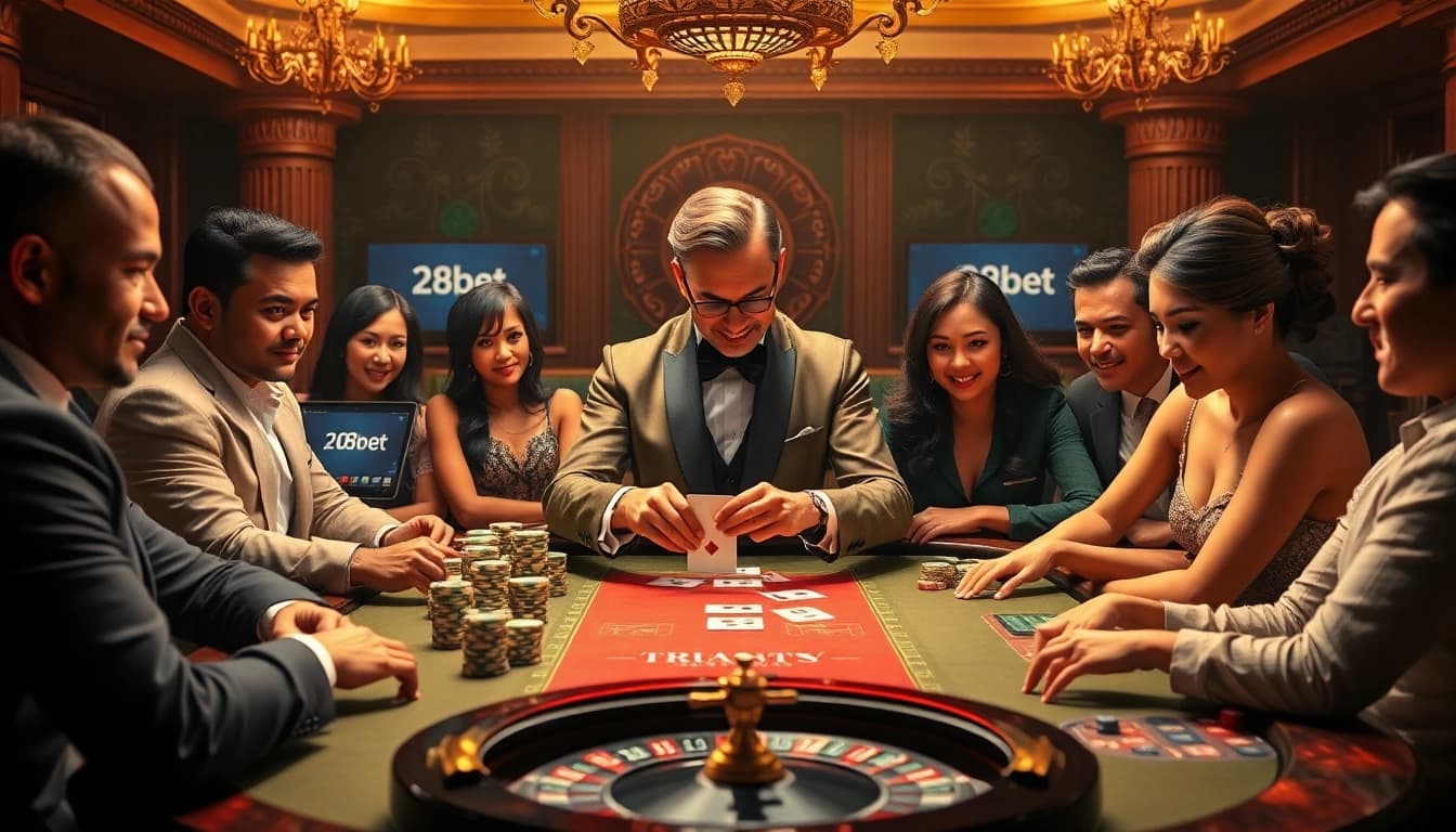 Experience the thrilling atmosphere of 28bet at a luxurious poker game with eager players and high-stakes excitement.