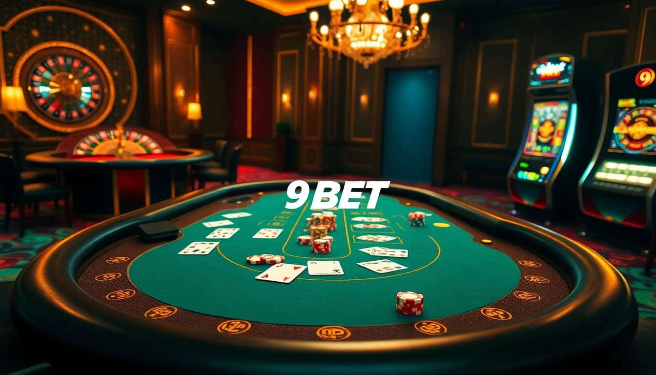 Experience the excitement of 9BET with a vibrant blackjack table and roulette wheel in a luxurious casino setting.