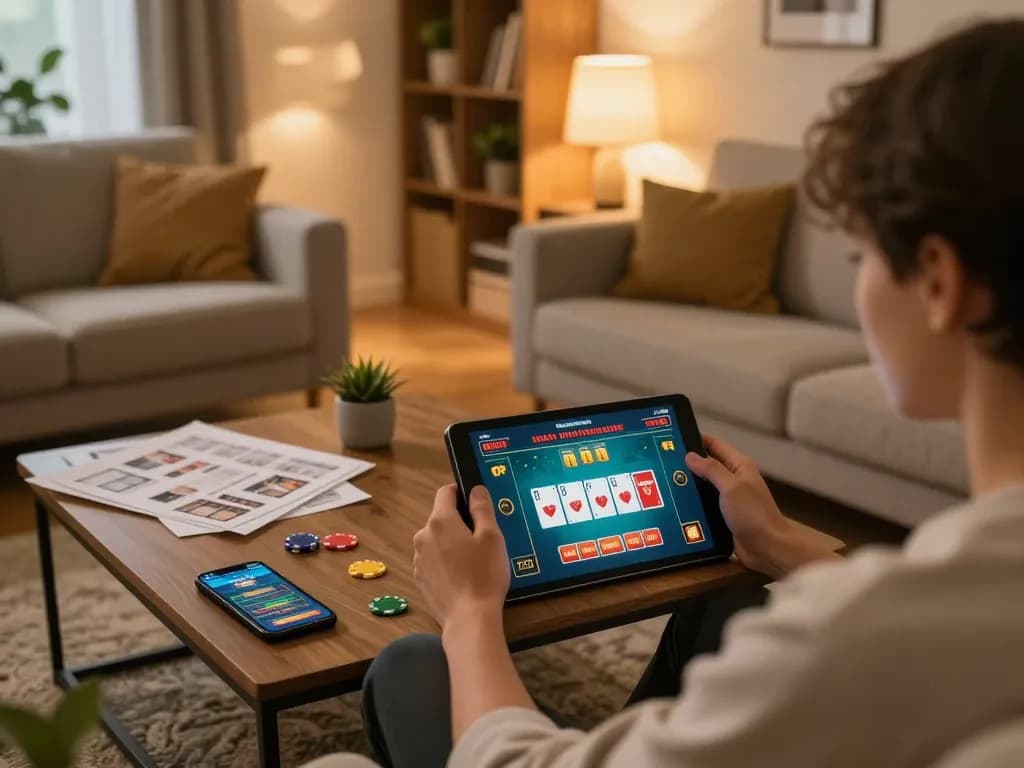 Pemain menikmati permainan kasino online di tablet dalam suasana rumah yang nyaman, menekankan berbagai pilihan yang ditawarkan ap686.