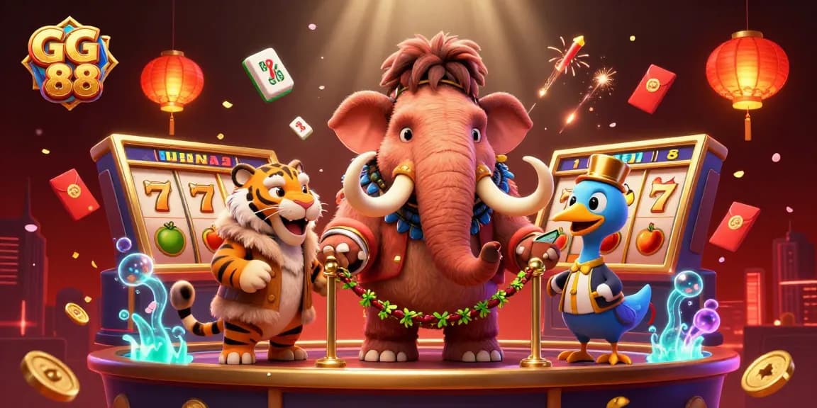 Celebrate wins with GG 88's vibrant casino scene featuring a woolly mammoth bouncer and rich game elements.