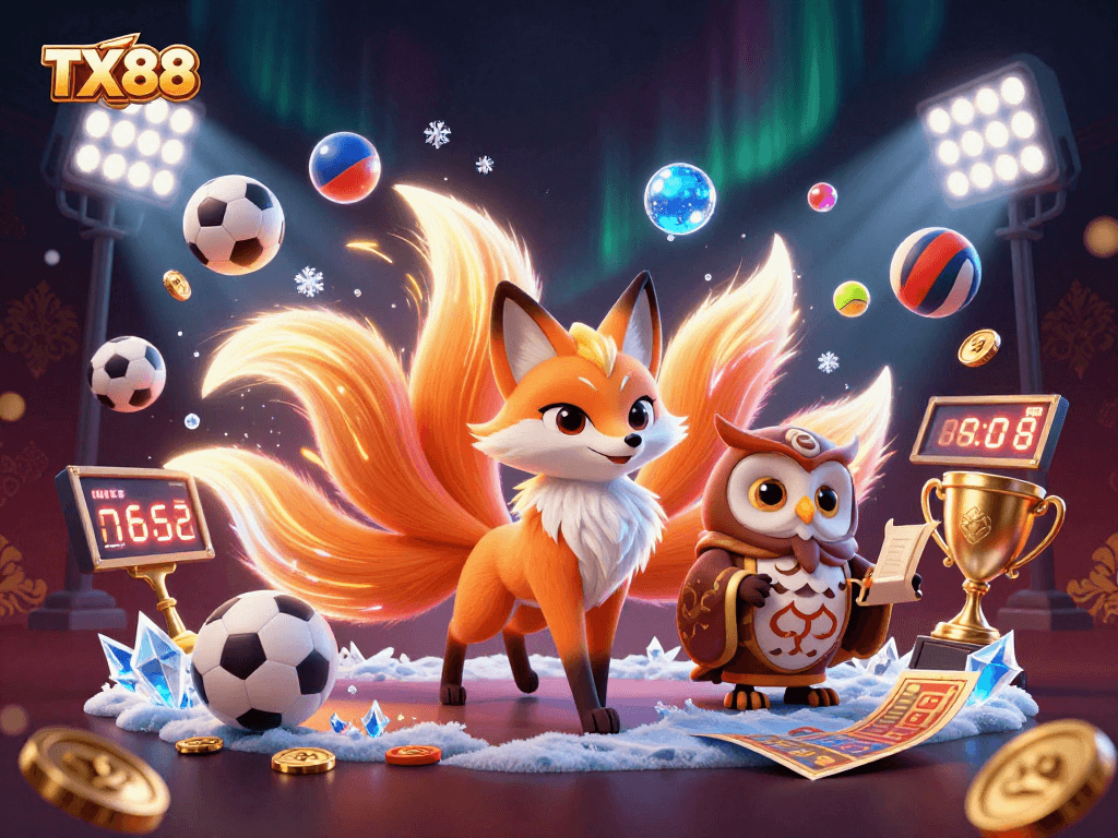 TX88 showcases a vibrant, dynamic casino scene with colorful characters and sports elements.