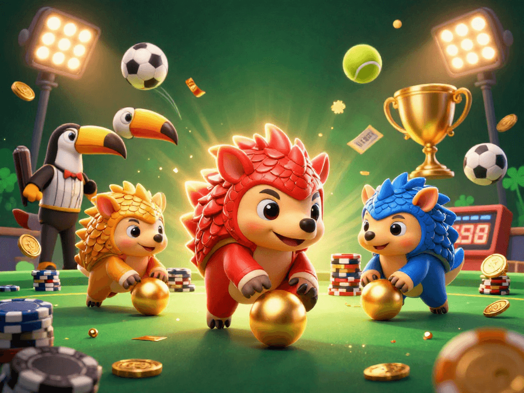 Engage with FIVE88's thrilling casino action featuring colorful pangolins and dynamic sports elements.