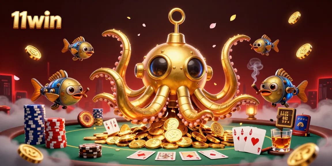 Engage with 11win's thrilling atmosphere, where a golden kraken submarine rises through coins amidst vibrant poker elements.