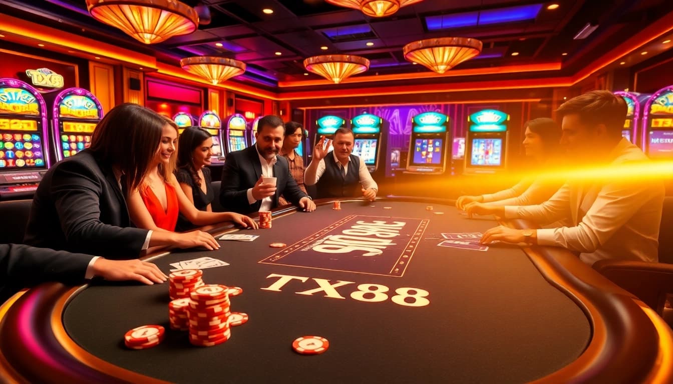 Players enjoying an exhilarating TX88 poker game with vibrant chips and cards.