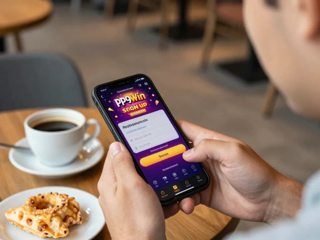 Signing up for PP9Win on mobile with engaging gaming interface in a cozy cafe setting.