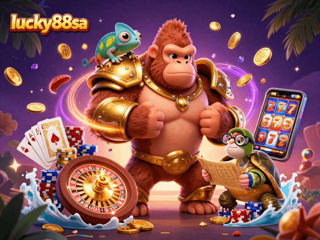 Experience excitement at lucky88sa with a vibrant 3D illustration showcasing a gorilla king, chameleon spy, and tortoise elder.
