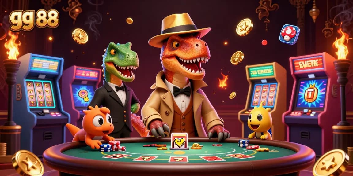 Experience excitement at gg 88 with dazzling slot reels and a velociraptor card counter in action!