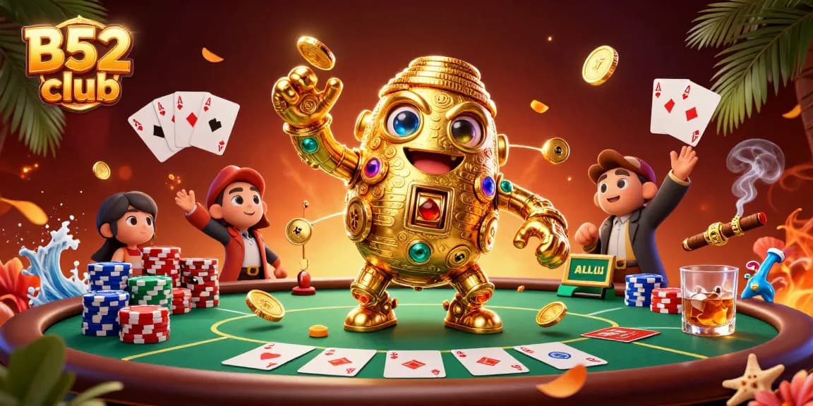 B52 club's vibrant gaming scene showcases exciting poker action and a golden golem amidst dynamic casino elements.