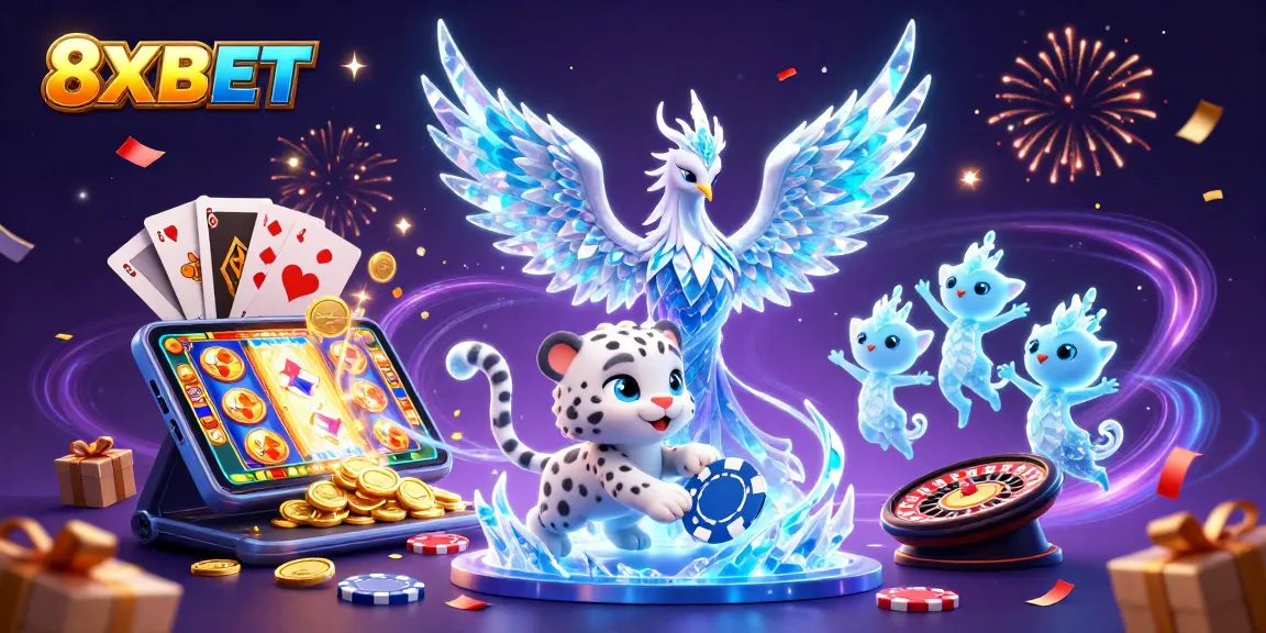 Experience the magic of 8XBET with an enchanting scene showcasing an ice phoenix, poker chip, and glowing sprites.