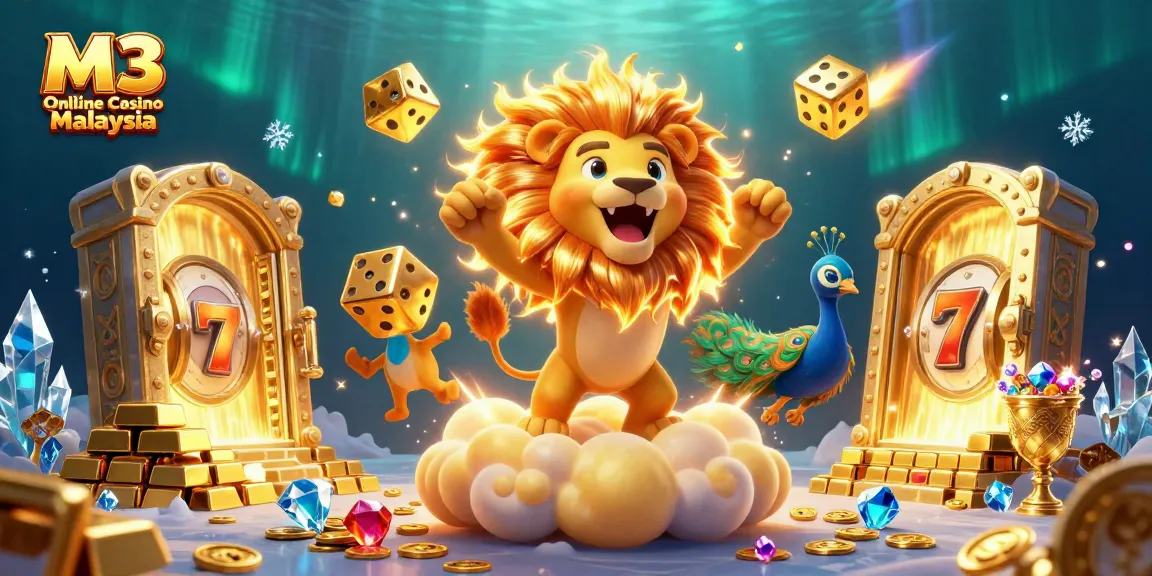 M3 Online Casino Malaysia showcases vibrant 3D illustration with cartoon lion, golden dice, and slot machine reels.