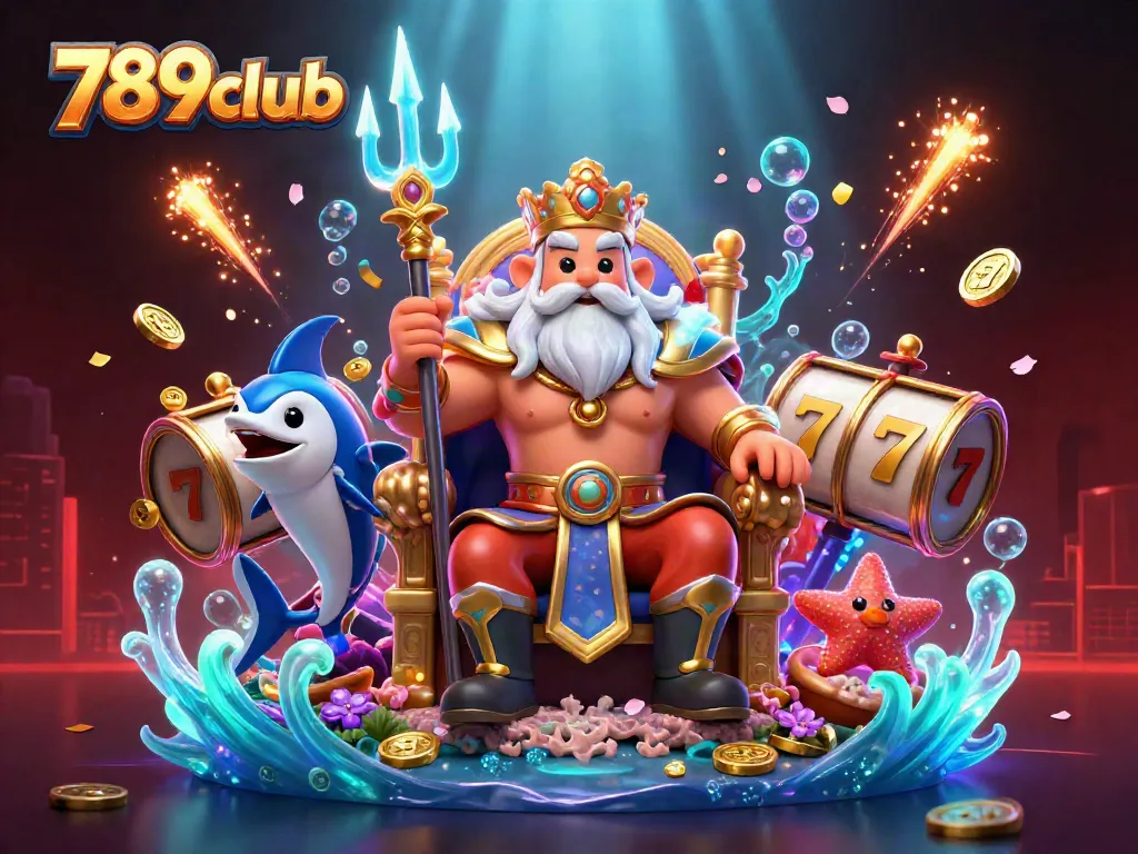 Engage at 789club with Neptune and samurai, amidst vibrant slot reels, treasures, and lively casino elements.