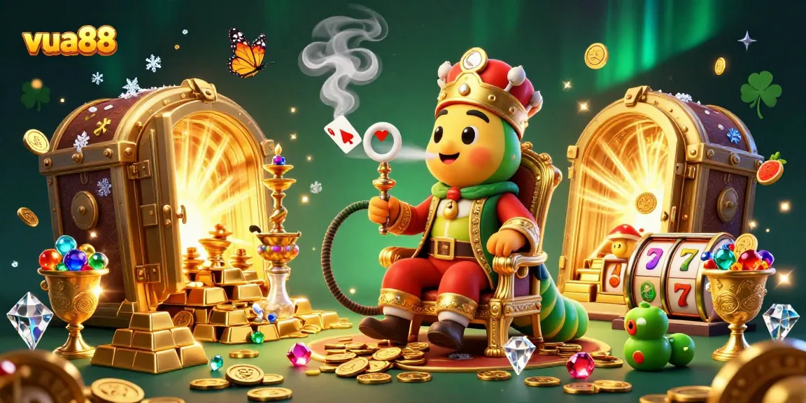 Engage with vua88's thrilling casino scene featuring a magical hookah-master and gold treasures.