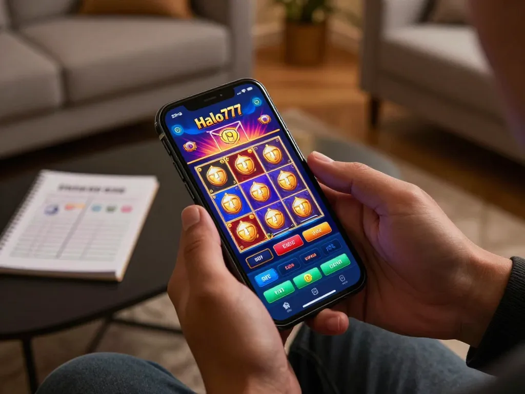 Pemainan yang menarik di aplikasi mobile halo777 menunjukkan grafik slot yang cerah dalam suasana yang nyaman